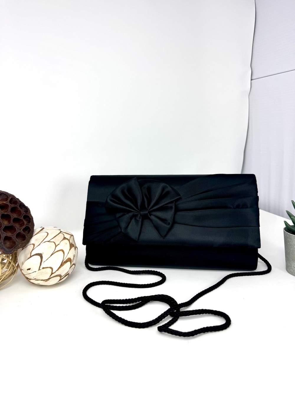 Black Satin Evening Clutch with Rosette Detail